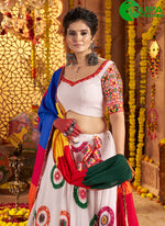 Load image into Gallery viewer, Attractive White Cotton Embroidered, Mirror and Thread Work Readymade Lehenga Choli