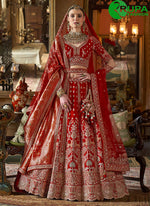 Load image into Gallery viewer, Red Color Embroidered, Pearls, Sequins, Thread, Weaving and Zari Work Silk A - Line Lehenga Choli
