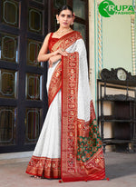 Load image into Gallery viewer, Divine White Color Georgette Contemporary Saree with Foil Print and Lucknowi Work