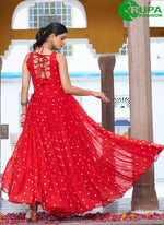 Load image into Gallery viewer, Eye Catchy Red Color Georgette Designer with Gamthi, Mirror and Polka Dotted Work Gown