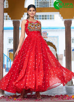 Load image into Gallery viewer, Eye Catchy Red Color Georgette Designer with Gamthi, Mirror and Polka Dotted Work Gown