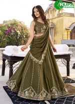 Load image into Gallery viewer, Mehandi Green Color Crush Lehenga Choli with Embroidered, Sequins and Thread Work