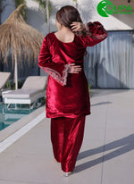 Load image into Gallery viewer, Adorable Red Color Zari Embroidered Ice Velvet Wedding Wear Palazzo Suit