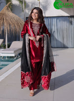 Load image into Gallery viewer, Adorable Red Color Zari Embroidered Ice Velvet Wedding Wear Palazzo Suit
