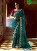 Load image into Gallery viewer, Teal Color Fancy Fabric Embroidered, Moti and Sequins Work Classic Saree