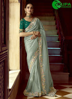 Load image into Gallery viewer, Aqua Blue Fancy Fabric Classic Saree with Embroidered, Moti and Sequins Work for Mehndi
