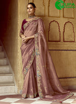 Load image into Gallery viewer, Embroidered, Moti and Sequins Work Fancy Fabric Trendy Saree In Pink and Rust Color