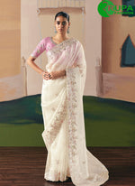 Load image into Gallery viewer, Cream Color Embroidered and Sequins Work Fancy Fabric Classic Saree