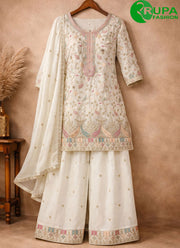 Off White Chinon Readymade Salwar Suit with Embroidered Work