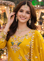 Load image into Gallery viewer, Divine Mustard Color Faux Crepe Palazzo Salwar Suit with Embroidered Work