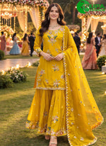Load image into Gallery viewer, Divine Mustard Color Faux Crepe Palazzo Salwar Suit with Embroidered Work