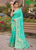 Load image into Gallery viewer, Attractive Pure Dola Contemporary Saree In Turquoise Color