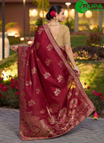 Load image into Gallery viewer, Maroon Pure Dola Designer Saree with Meenakari, Swarovski, Woven and Zari Work