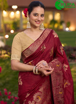 Load image into Gallery viewer, Maroon Pure Dola Designer Saree with Meenakari, Swarovski, Woven and Zari Work