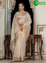 Load image into Gallery viewer, Stunning Off White Linen Classic Saree with Booti, Khatli and Zari Work