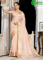 Load image into Gallery viewer, Baby Pink Linen Designer Party Wear Saree with Booti, Khatli and Zari Work