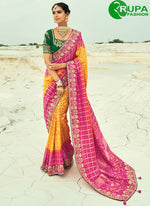Load image into Gallery viewer, Adorable Mustard With Rani Color Pure Georgette Designer Traditional Party Wear Saree