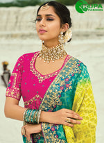 Load image into Gallery viewer, Rama and Yellow Pure Georgette Cut Dana, Embroidered, Fancy and Zari Work Bandhej Saree