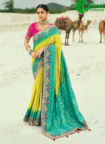 Load image into Gallery viewer, Rama and Yellow Pure Georgette Cut Dana, Embroidered, Fancy and Zari Work Bandhej Saree