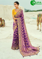 Load image into Gallery viewer, Purple Pure Georgette Bandhej, Cut Dana, Embroidered, Fancy and Zari Work Contemporary Sari for Ceremonial