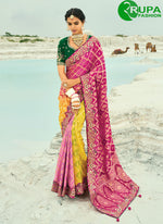 Load image into Gallery viewer, Multi Color Pure Georgette Trendy Saree with Bandhej, Cut Dana, Embroidered, Fancy and Zari Work