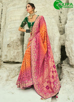 Load image into Gallery viewer, Orange and Rani Pure Georgette Bandhej, Cut Dana, Embroidered, Fancy, Hand, Moti and Zari Work Classic Saree
