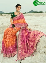 Load image into Gallery viewer, Orange and Rani Pure Georgette Bandhej, Cut Dana, Embroidered, Fancy, Hand, Moti and Zari Work Classic Saree