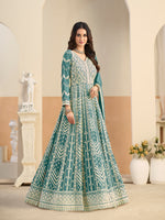 Load image into Gallery viewer, Divine Sea Green Color Faux Georgette Embroidered Work Anarkali Suit