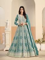Load image into Gallery viewer, Divine Sea Green Color Faux Georgette Embroidered Work Anarkali Suit
