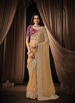 Load image into Gallery viewer, Gold Color Organza Embroidered, Pearls and Sequins Work Trendy Saree