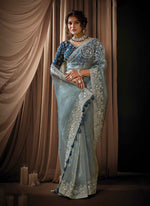 Load image into Gallery viewer, Ice Grey Color Organza New Designer Party Wear Traditional Saree