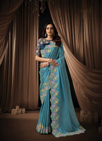 Load image into Gallery viewer, Aqua Blue Color Silk Classical Saree with Embroidered, Pearls and Thread Work