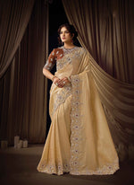 Load image into Gallery viewer, Cream Color Jacquard Silk Traditional Saree with Embroidered, Pearls and Sequins Work