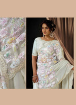 Load image into Gallery viewer, White Color Satin Silk Trendy Saree with Beads, Embroidered and Sequins Work