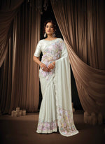 Load image into Gallery viewer, White Color Satin Silk Trendy Saree with Beads, Embroidered and Sequins Work