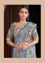 Load image into Gallery viewer, Blue Color Satin Silk Classic Sari with Embroidered, Pearls, Sequins and Thread Work