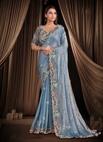 Load image into Gallery viewer, Blue Color Satin Silk Classic Sari with Embroidered, Pearls, Sequins and Thread Work