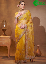 Load image into Gallery viewer, New Designer Yellow Color Embroidered Work Organza Trendy Ceremonial Saree