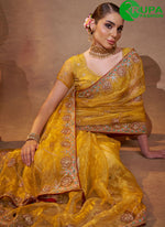 Load image into Gallery viewer, New Designer Yellow Color Embroidered Work Organza Trendy Ceremonial Saree