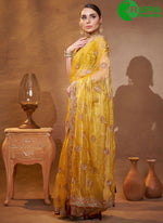 Load image into Gallery viewer, New Designer Yellow Color Embroidered Work Organza Trendy Ceremonial Saree