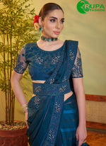 Load image into Gallery viewer, New Designer Teal Blue Satin with Embroidered Work Classic Saree