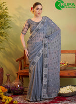 Load image into Gallery viewer, Outsanding Grey Color Embroidered Work Georgette Trendy Saree