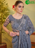 Load image into Gallery viewer, Outsanding Grey Color Embroidered Work Georgette Trendy Saree