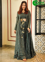Load image into Gallery viewer, Beautiful Deep Green Color Muslin Digital Print Full Flair Party Wear Palazzo Suit