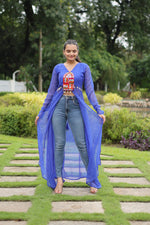 Load image into Gallery viewer, Blue Faux Georgette Designer Kurti with Mirror and Patch Border Work