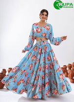 Load image into Gallery viewer, Lovely Turquoise Blue Color Chinon Digital Print Work Readymade Lehenga Choli
