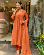 Load image into Gallery viewer, Orange Chinon Salwar Suit with Embroidered Work