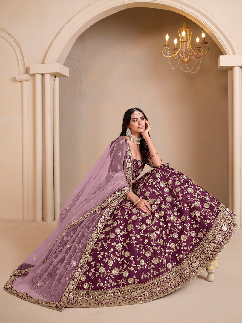 Eye Catchy Wine Art Silk Lehenga Choli