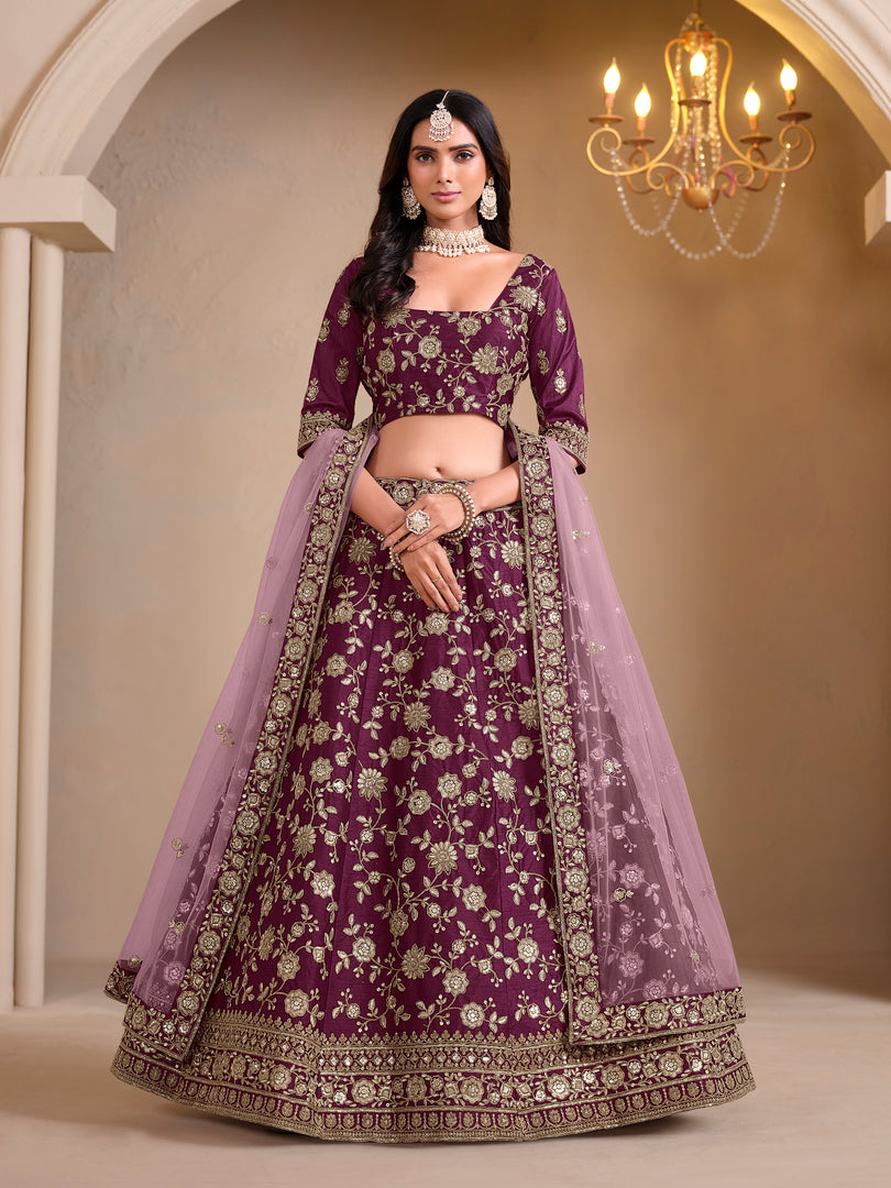 Eye Catchy Wine Art Silk Lehenga Choli