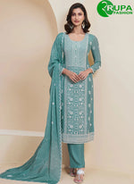 Load image into Gallery viewer, Splendid Sky Color And Embroidery Work Chinon Fabric Dupatta With Palazzo Salwar Suit